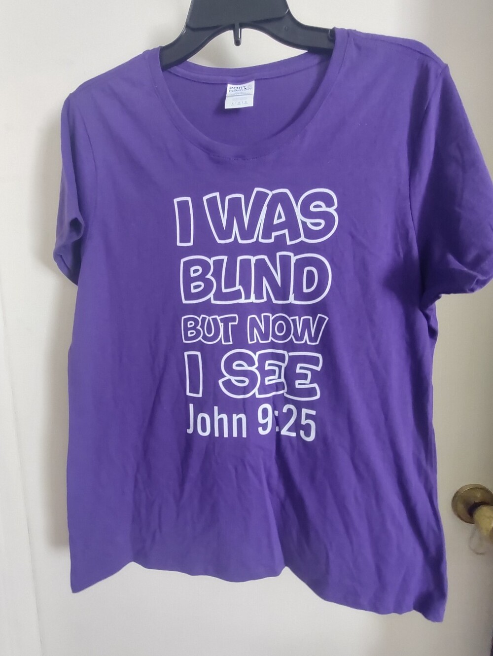 Port & Company John 9:25 'Once Was Blind' Unisex Womens L Purple Tshirt